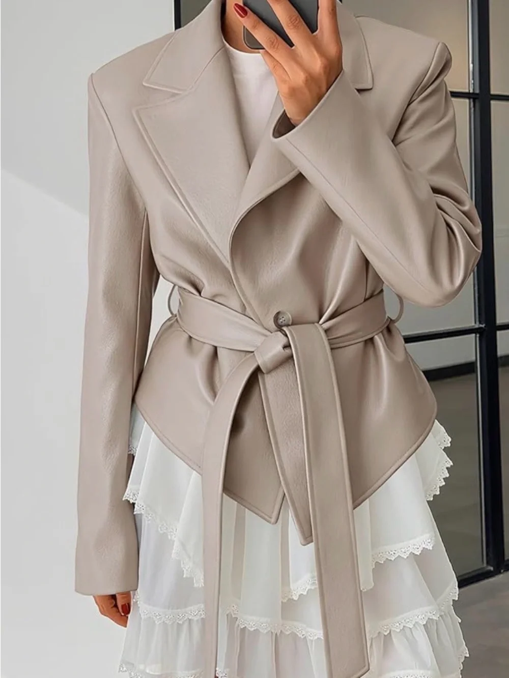 NEVER WORN - Women's Faux Leather Blazer Jacket - Contemporary Belted Coat - Picture 2 of 6